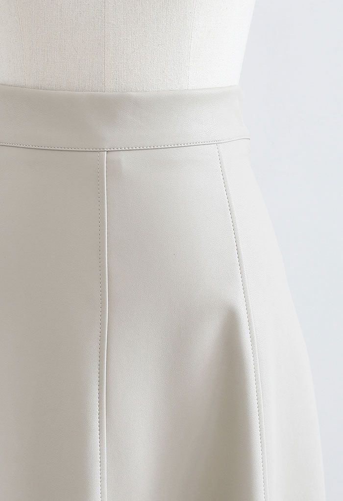 Soft Faux Leather Seamed A-Line Skirt in Ivory