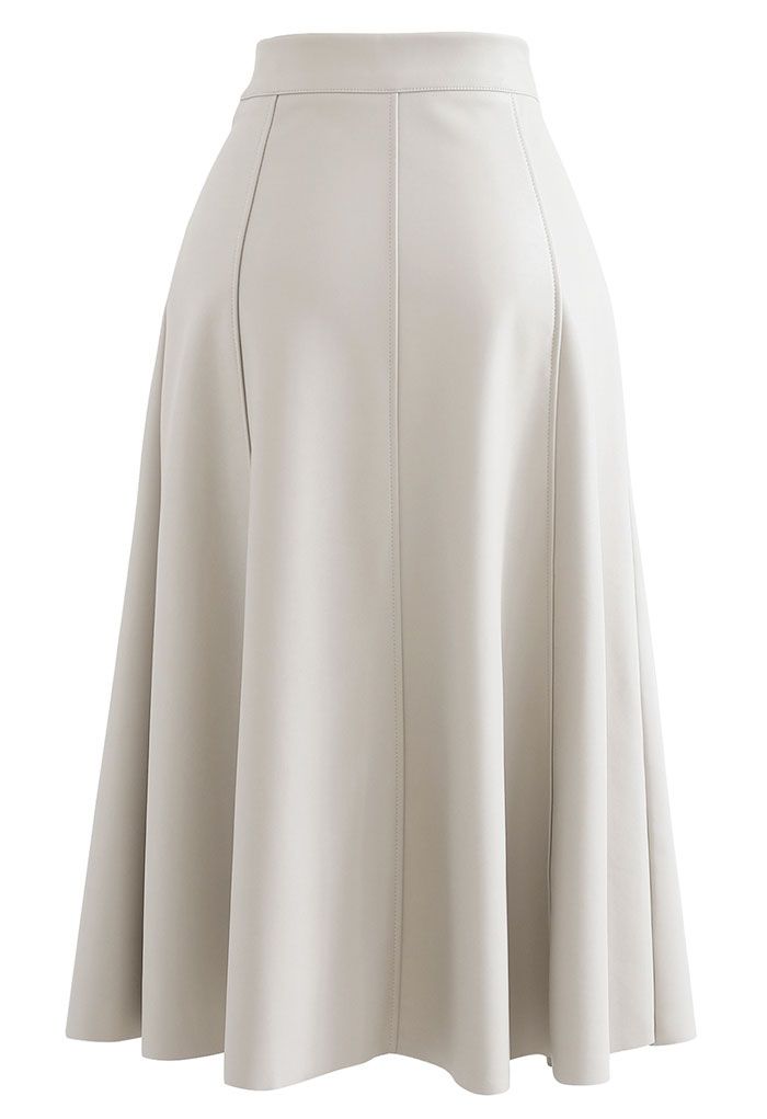 Soft Faux Leather Seamed A-Line Skirt in Ivory