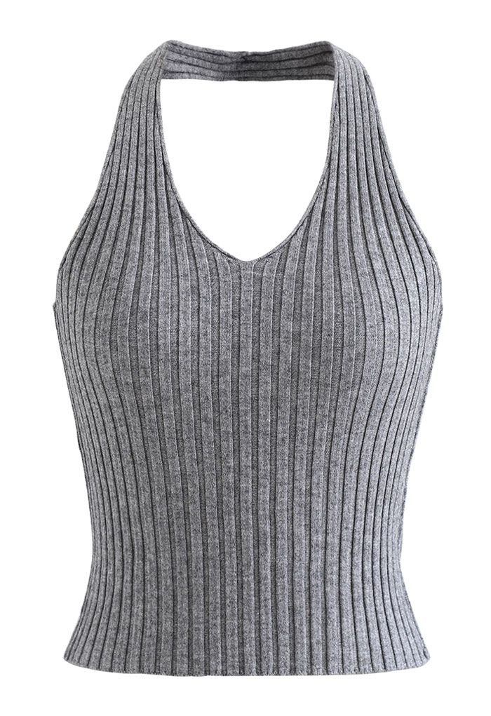 Halter Neck Crop Knit Top in Grey