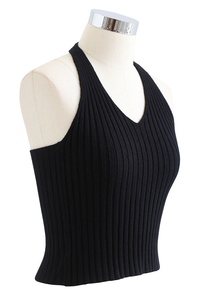 Halter Neck Crop Knit Top in Black