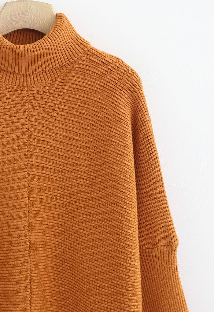 Effortless Chic Turtleneck Batwing Sleeve Hi-Lo Sweater in Caramel