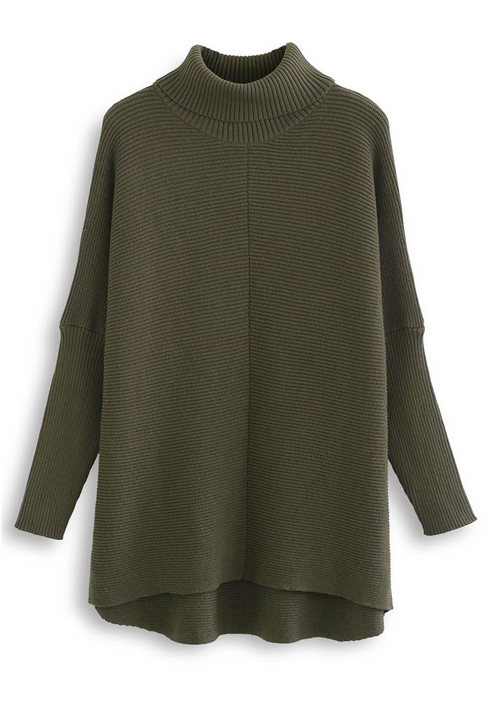 Effortless Chic Turtleneck Batwing Sleeve Hi-Lo Sweater in Army Green