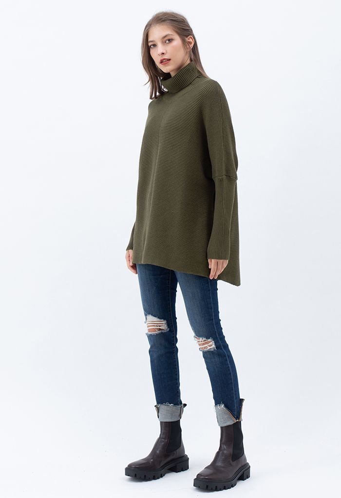 Effortless Chic Turtleneck Batwing Sleeve Hi-Lo Sweater in Army Green