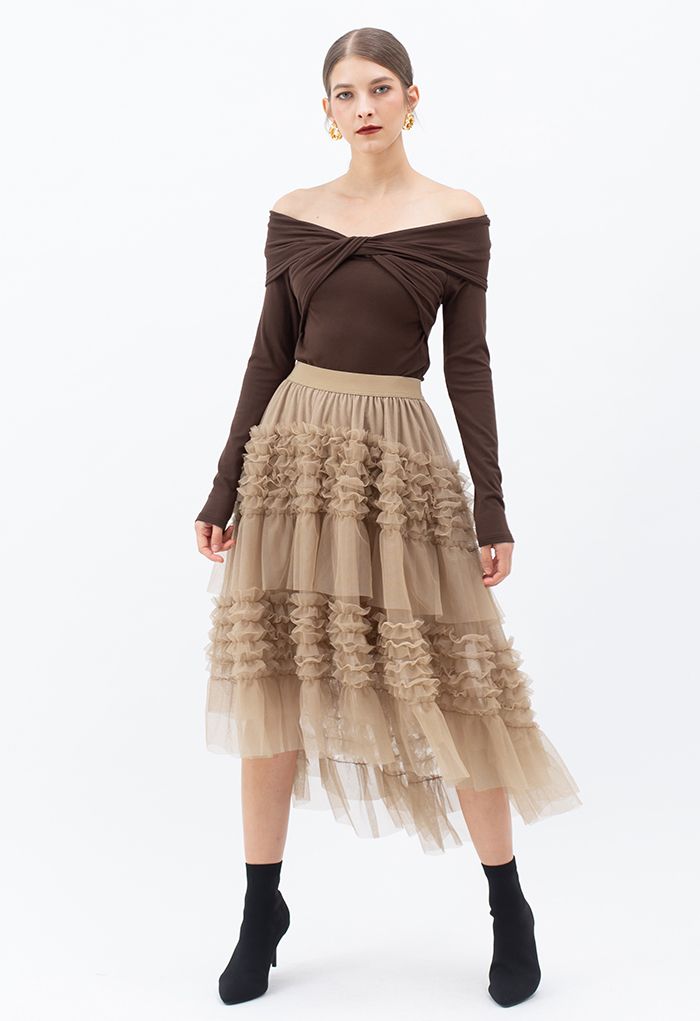 Ruffle Tiered Hi-Lo Mesh Tulle Skirt in Tan