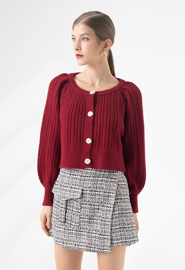 Braid Knit Button Down Crop Cardigan in Red