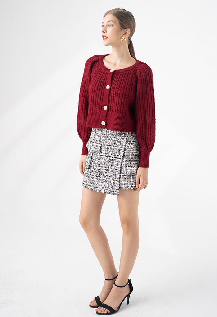 Braid Knit Button Down Crop Cardigan in Red