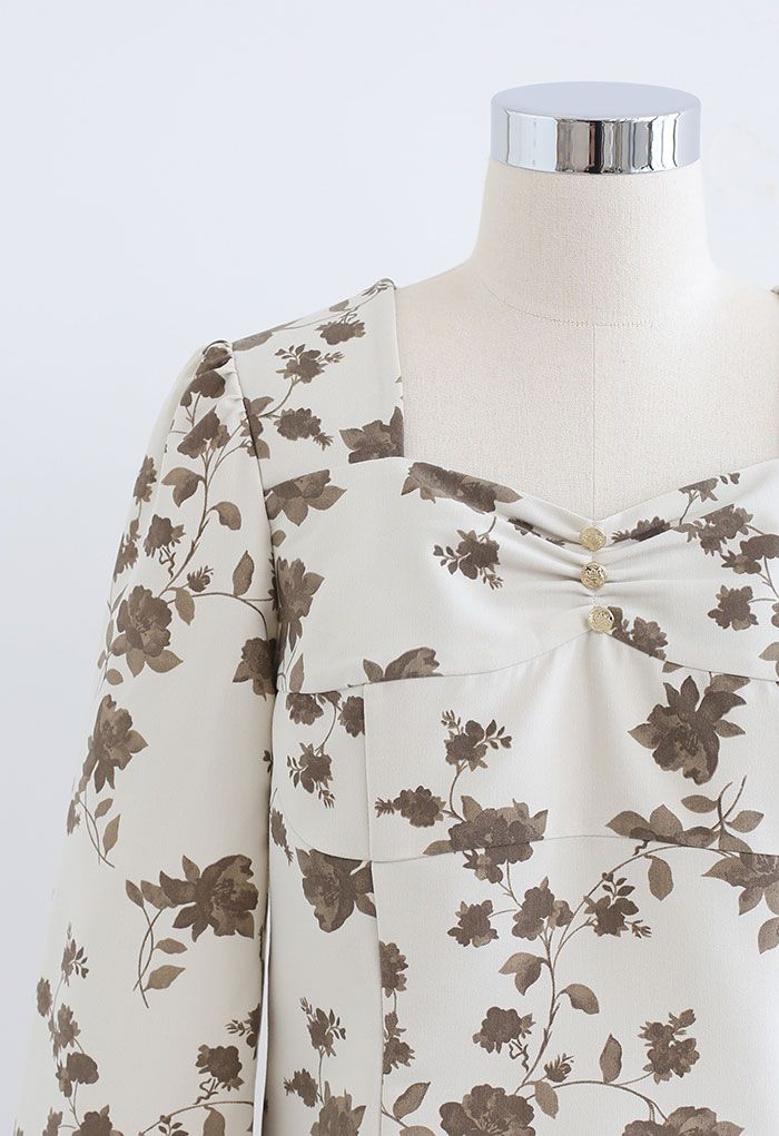 Posy Print Sweetheart Neck Ruched Front Top in Brown