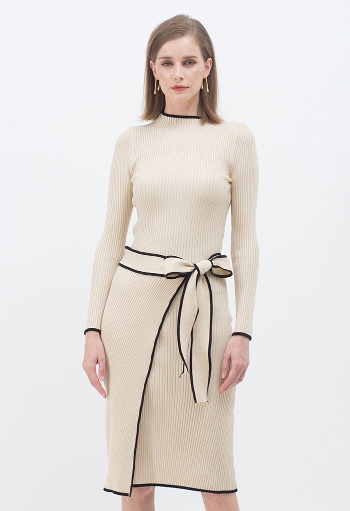 Contrast Edge Flap Front Tie Bow Knit Dress