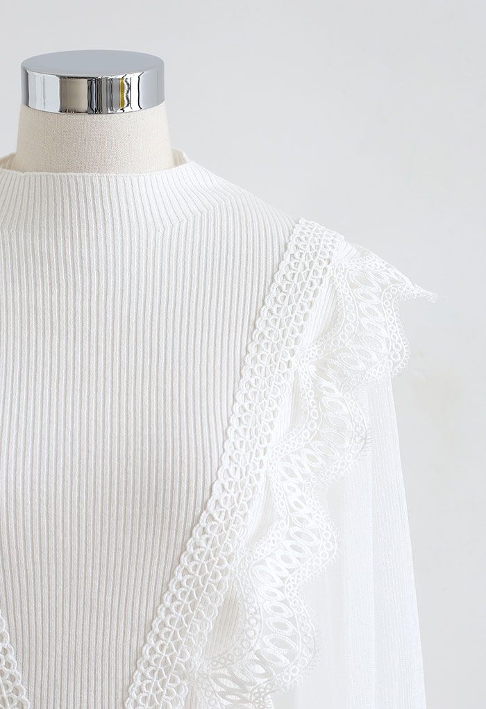 Scalloped Crochet Mesh Sleeves Knit Top in White