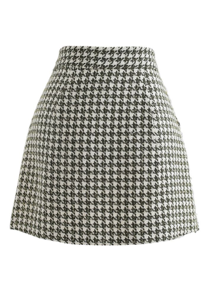 Houndstooth Tweed Asymmetric Mini Skirt in Green