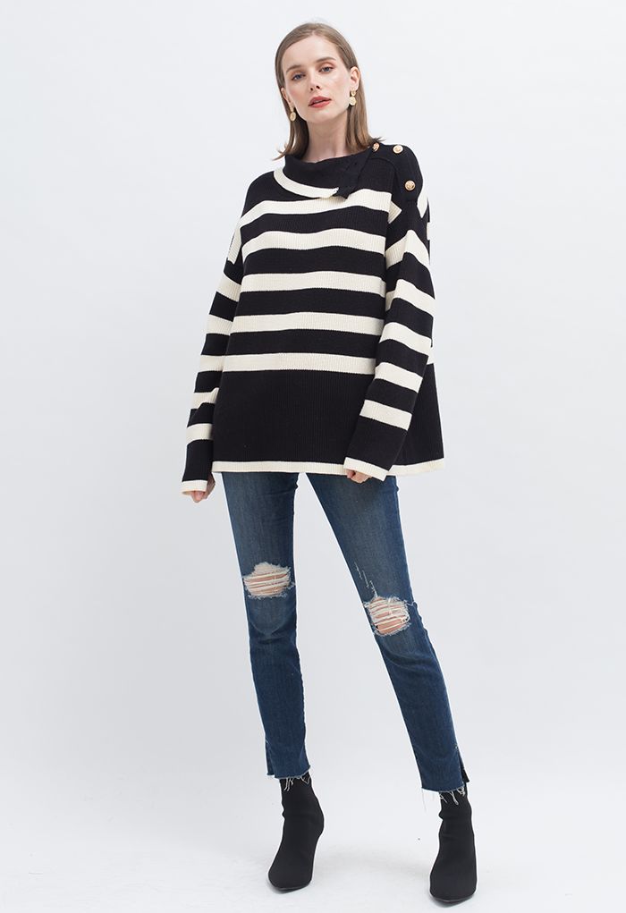 Buttoned Neck Striped Oversize Sweater in Black