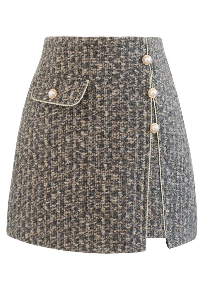 Golden Fringe Buttoned Tweed Mini Bud Skirt in Smoke