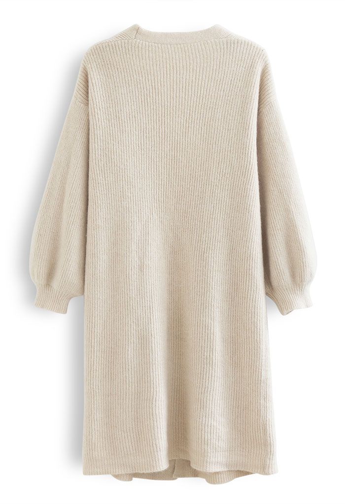 Essential Rib Open Front Longline Cardigan in Sand