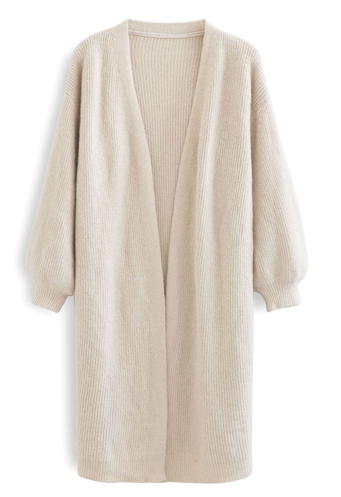 Essential Rib Open Front Longline Cardigan in Sand
