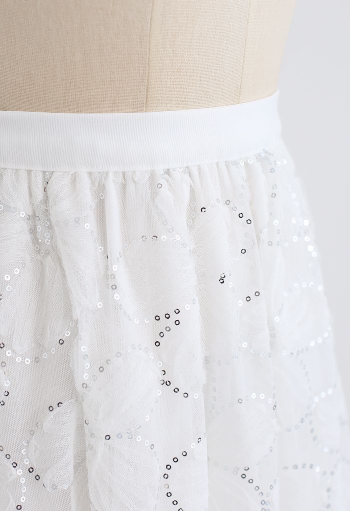 Floral  Sequin Double-Layered Mesh Skirt in White