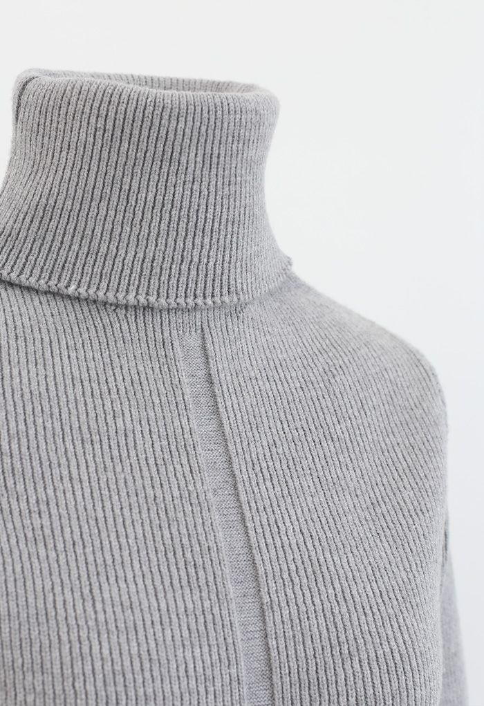 Grey Turtleneck Ribbed Knit Sweater