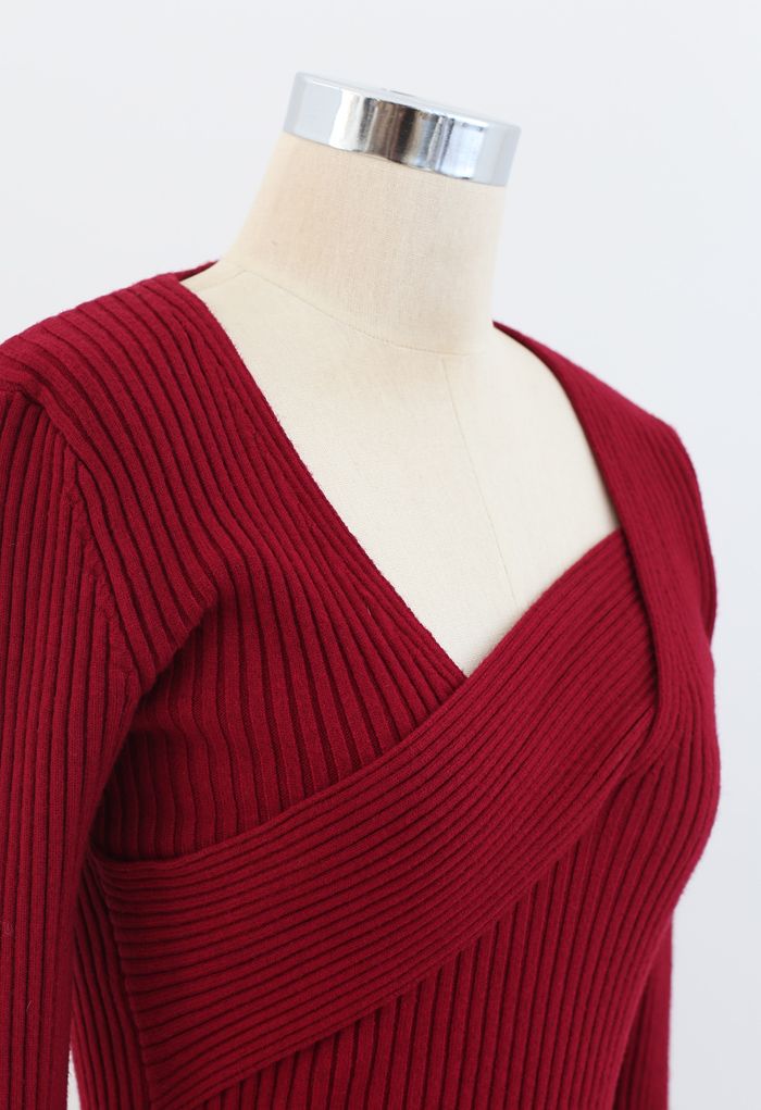 Surplice Wrap Front Ribbed Knit Dress in Red