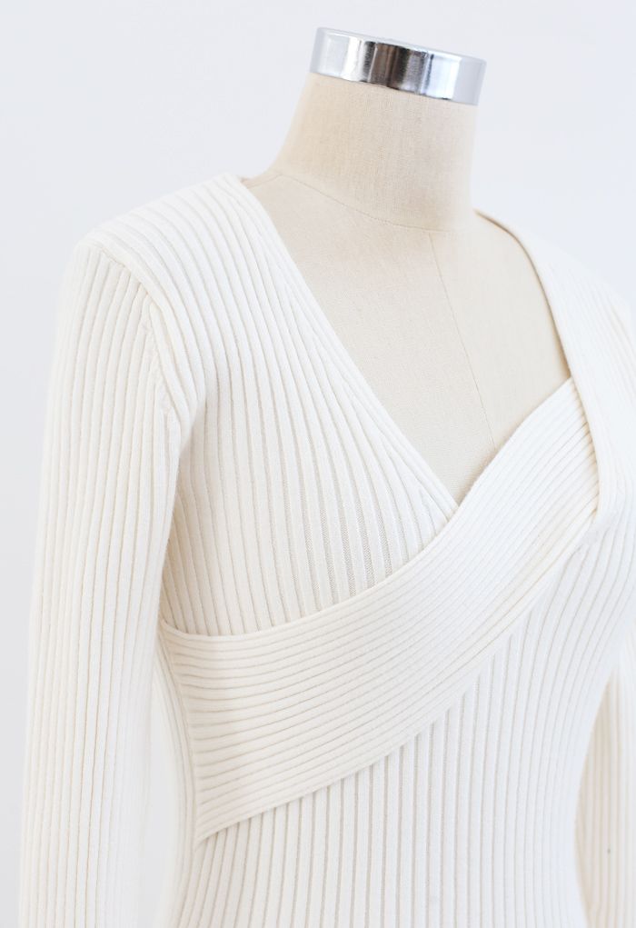 Surplice Wrap Front Ribbed Knit Dress in White