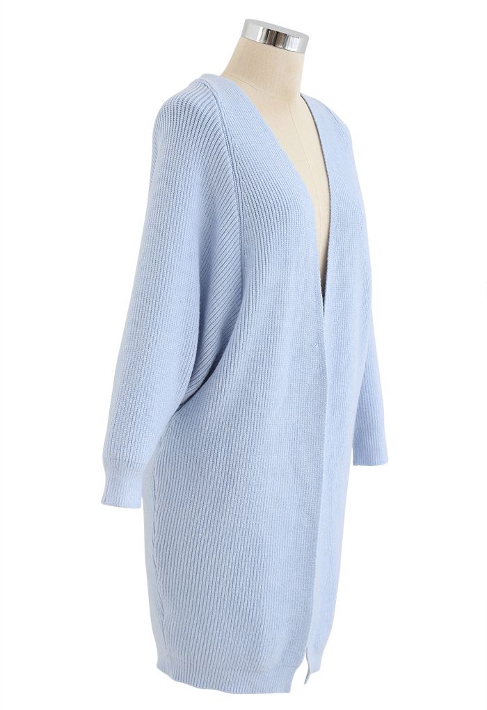 Batwing Ribbed Knit Longline Cardigan in Baby Blue