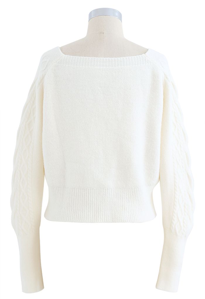 Cropped Square Neck Braid Knit Sweater in White