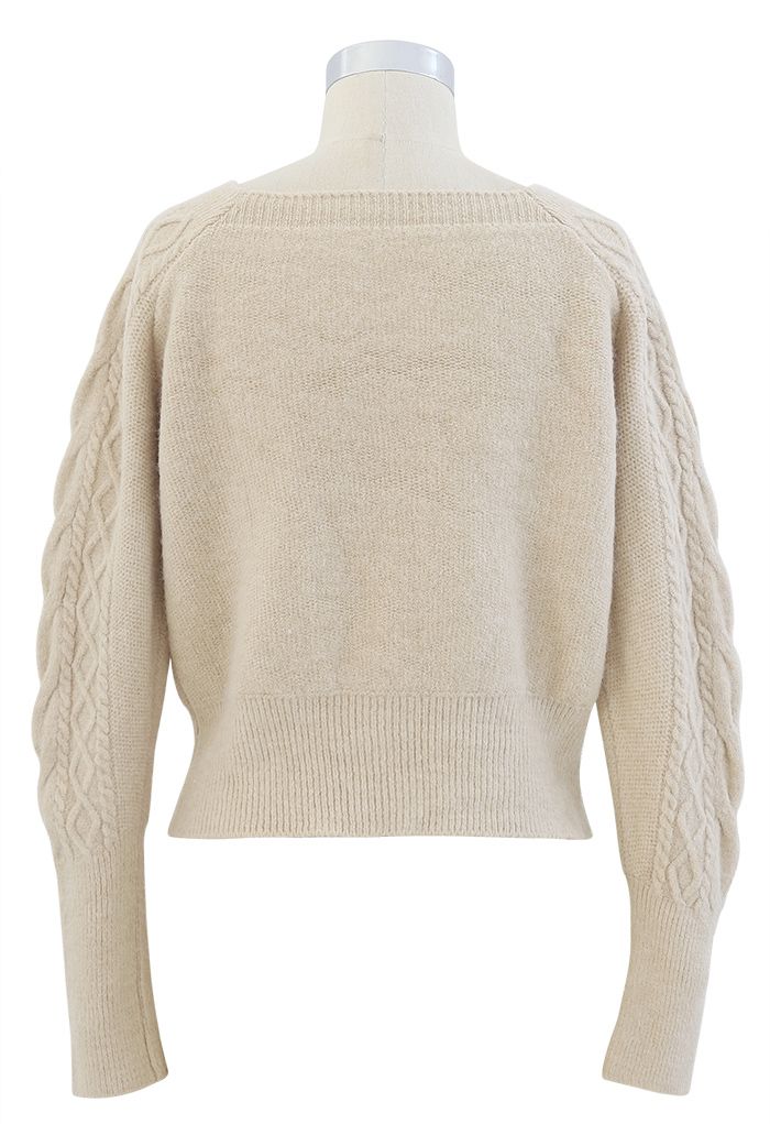 Cropped Square Neck Braid Knit Sweater in Sand