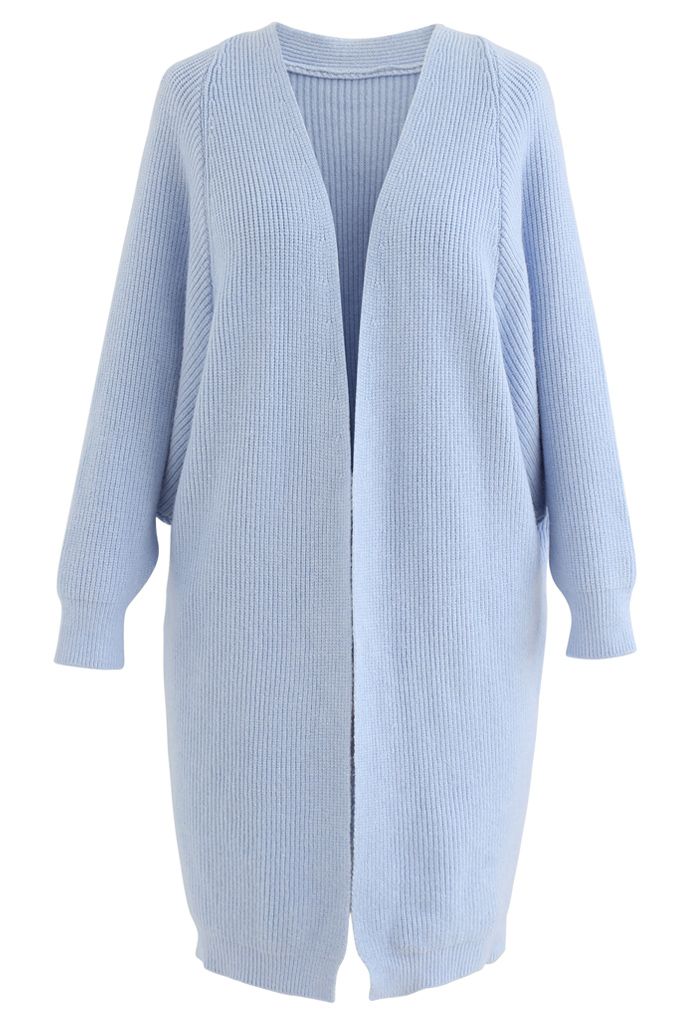 Batwing Ribbed Knit Longline Cardigan in Baby Blue