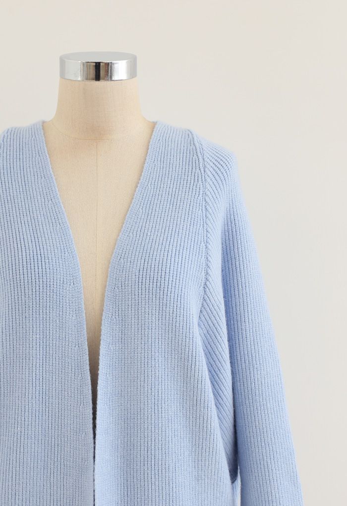 Batwing Ribbed Knit Longline Cardigan in Baby Blue