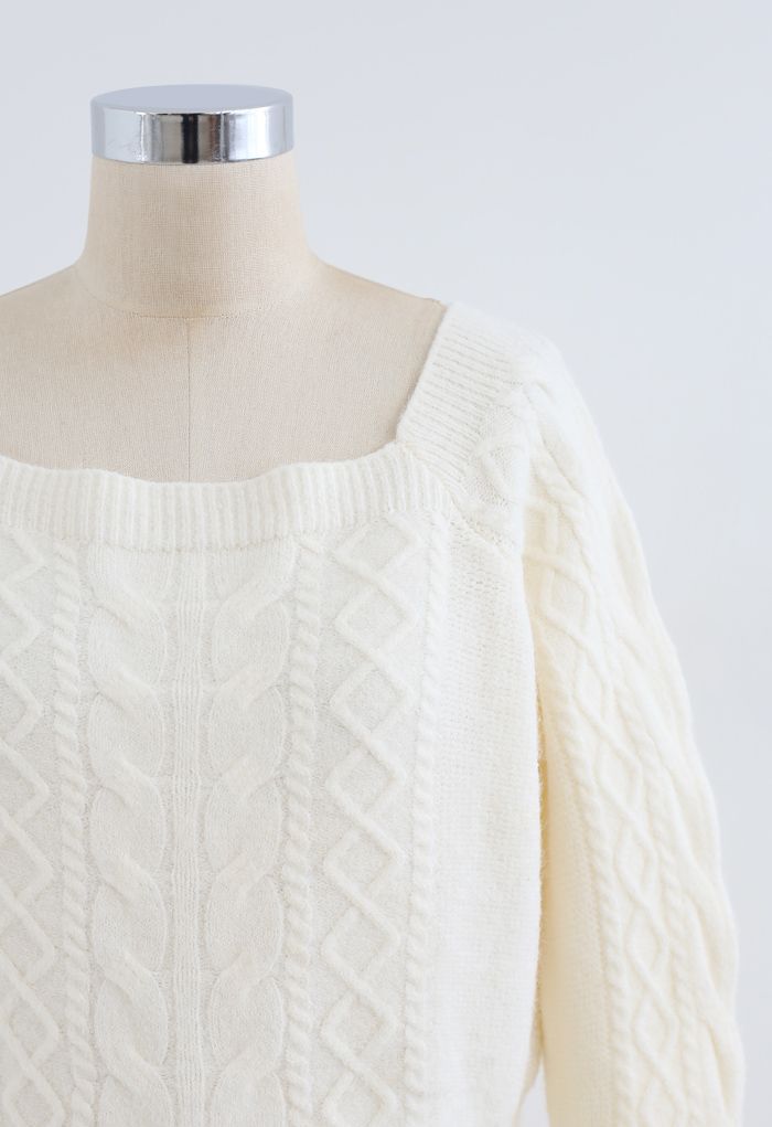 Cropped Square Neck Braid Knit Sweater in White