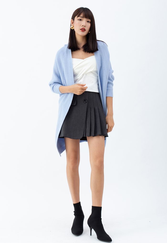 Batwing Ribbed Knit Longline Cardigan in Baby Blue