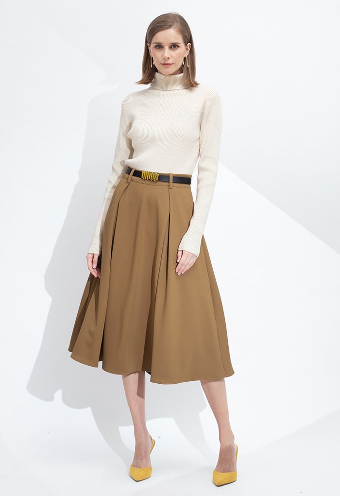 Versatile A-Line Belted Midi Skirt in Tan