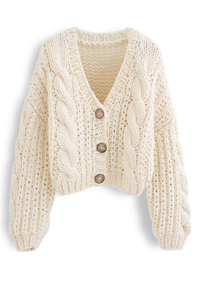 V-Neck Crop Hand-Knit Chunky Cardigan in Cream