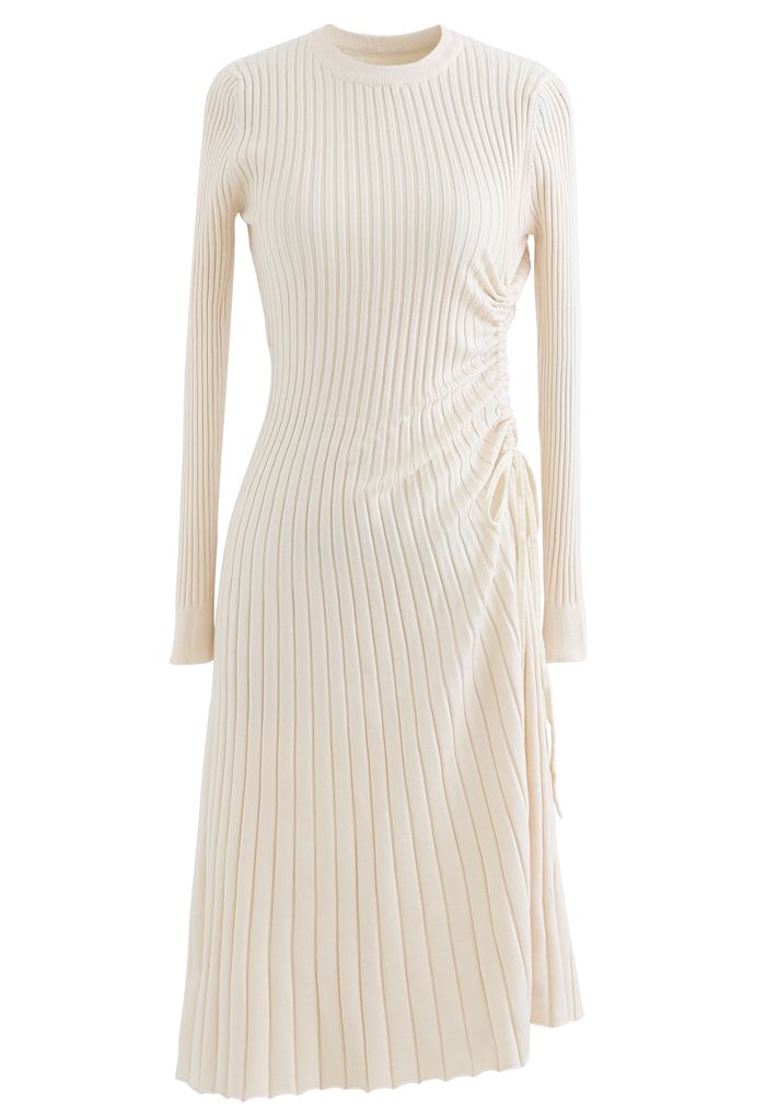 Side Drawstring Ribbed Knit Midi Dress in Ivory