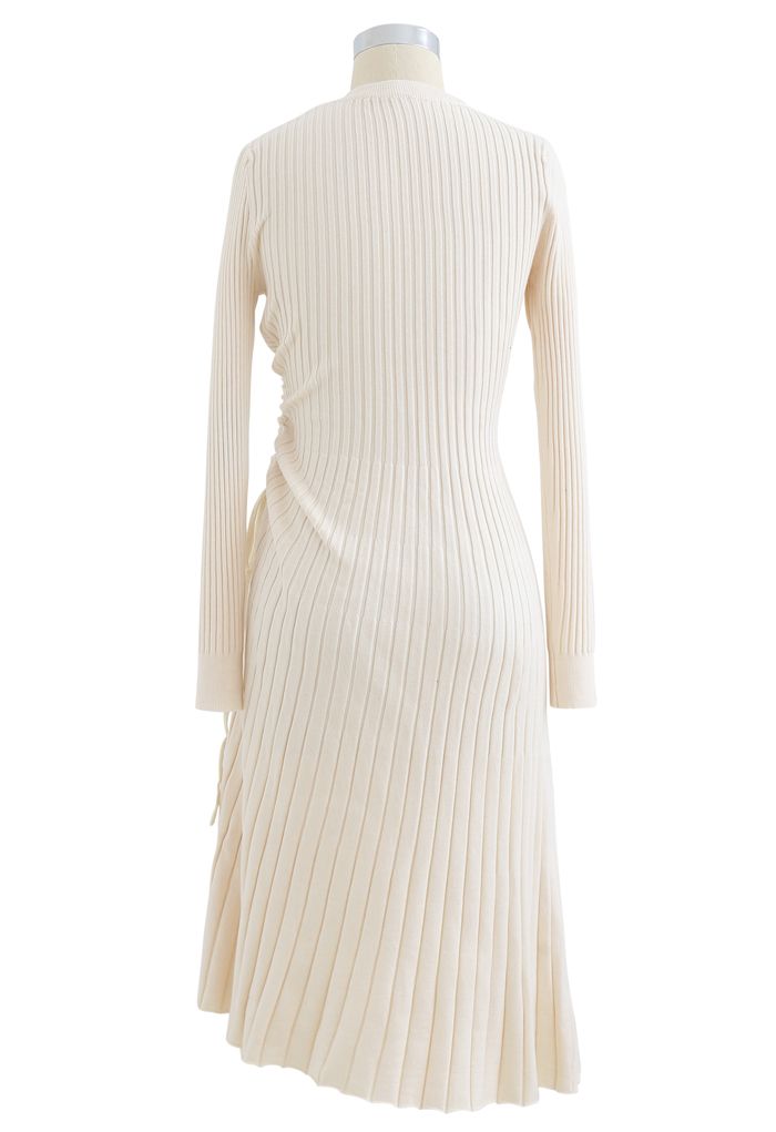 Side Drawstring Ribbed Knit Midi Dress in Ivory