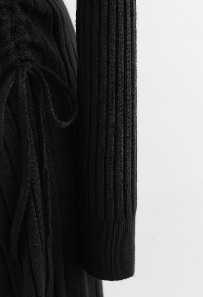 Side Drawstring Ribbed Knit Midi Dress in Black