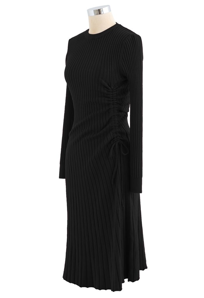 Side Drawstring Ribbed Knit Midi Dress in Black