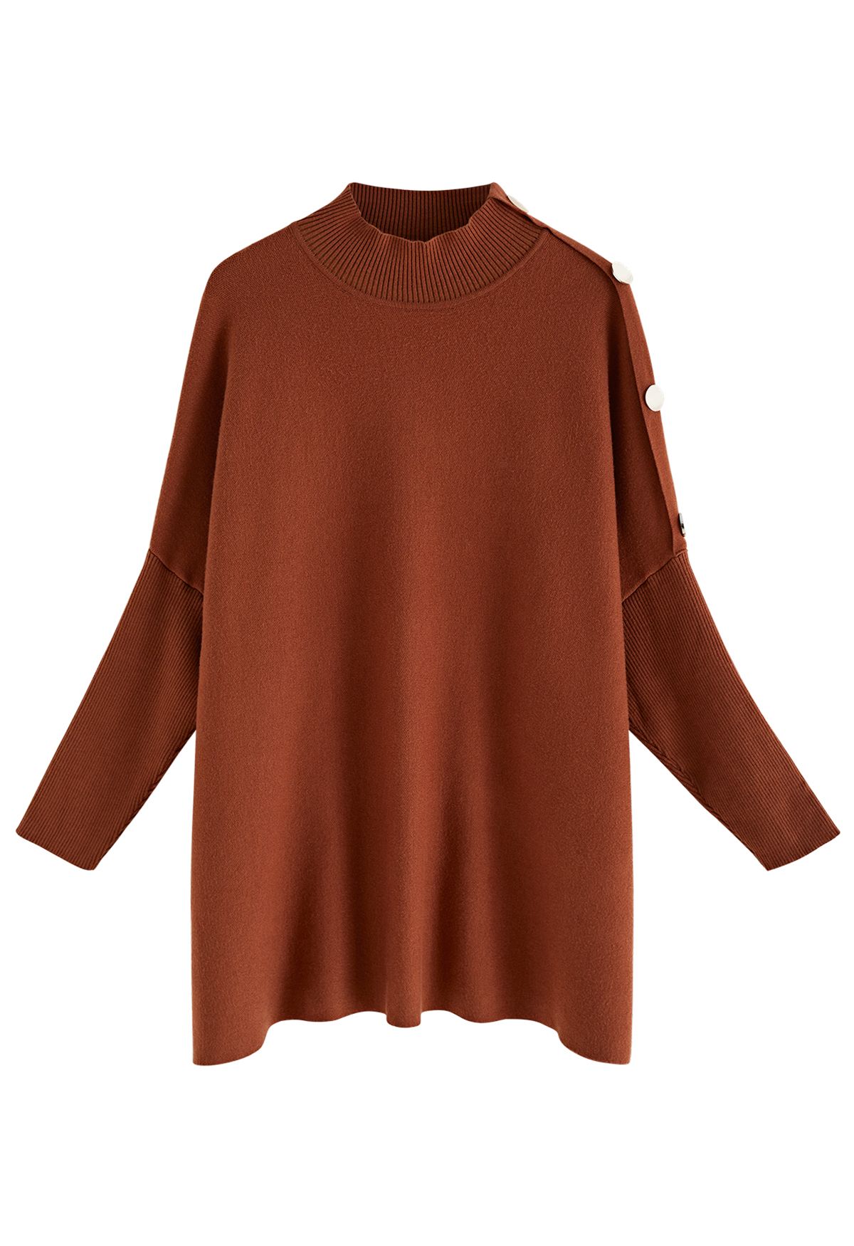 Side Buttoned Flap High Neck Knit Poncho in Caramel