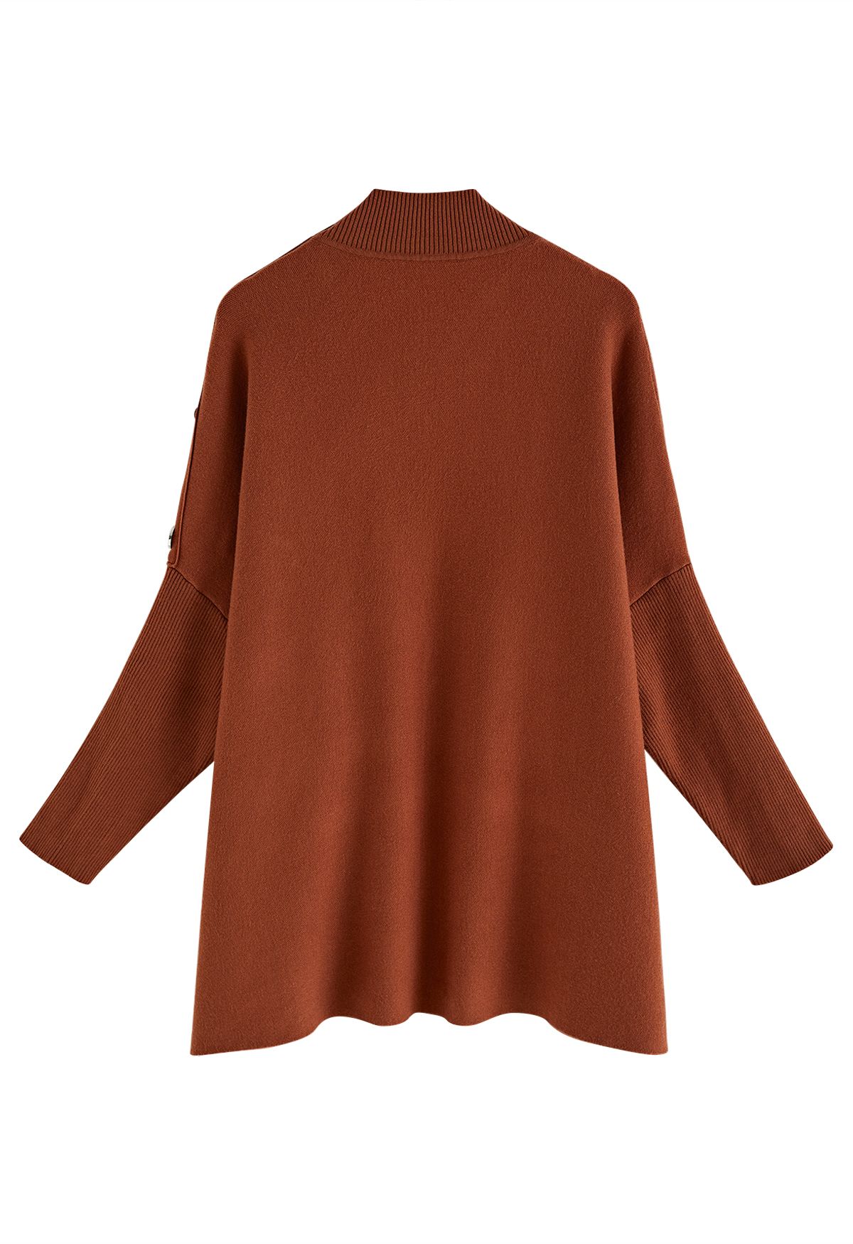 Side Buttoned Flap High Neck Knit Poncho in Caramel