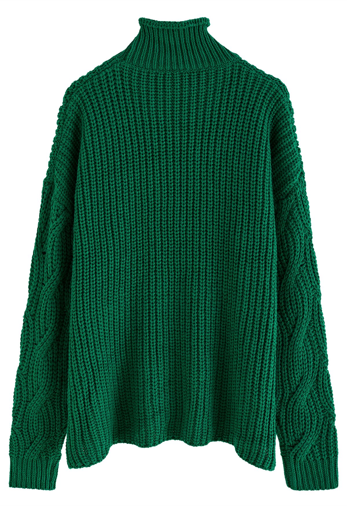 High Neck Hi-Lo Braided Chunky Knit Sweater in Emerald