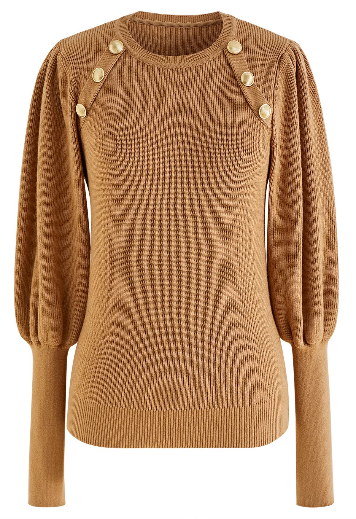 Bubble Sleeves Button Trimmed Knit Top in Tan