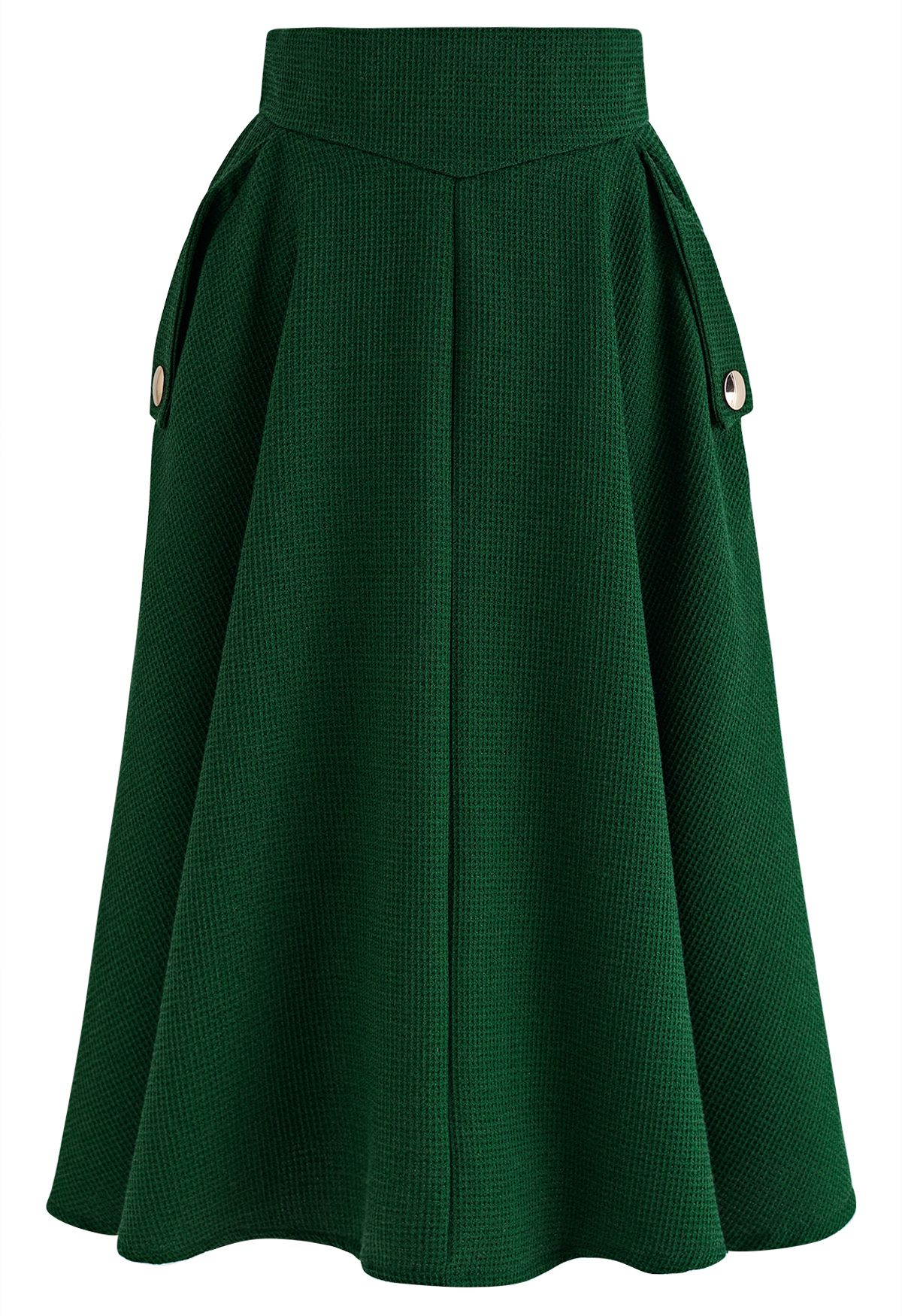 Waffle Texture A-Line Midi Skirt in Dark Green