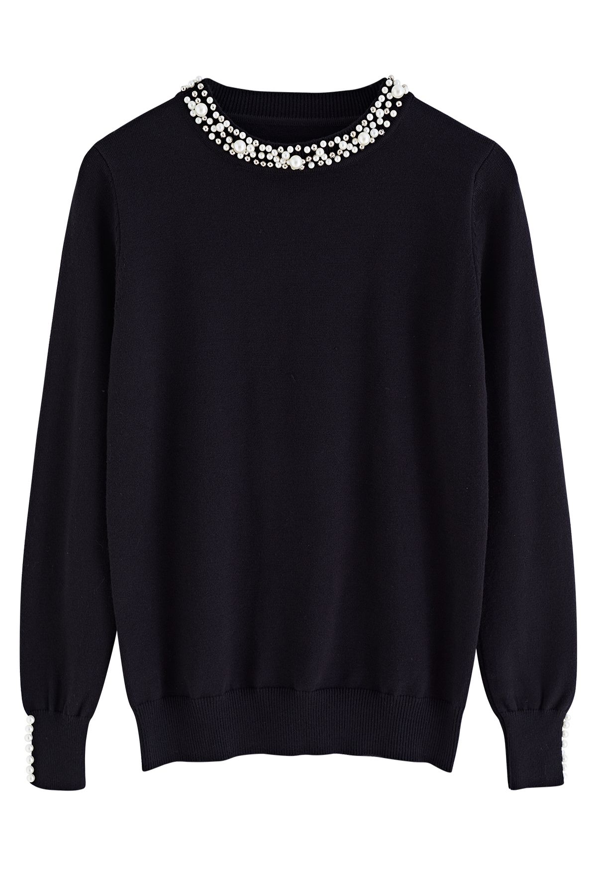 Pearl Trimmed Soft Knit Top in Black