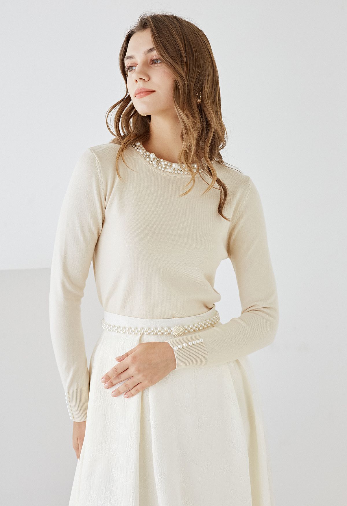 Pearl Trimmed Soft Knit Top in Cream