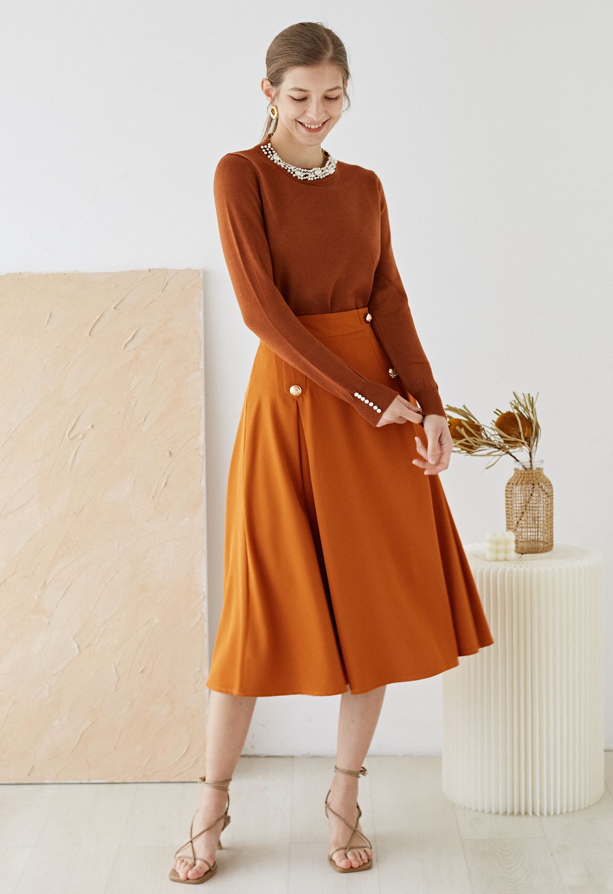 Buttoned Pleated A-Line Skirt in Pumpkin