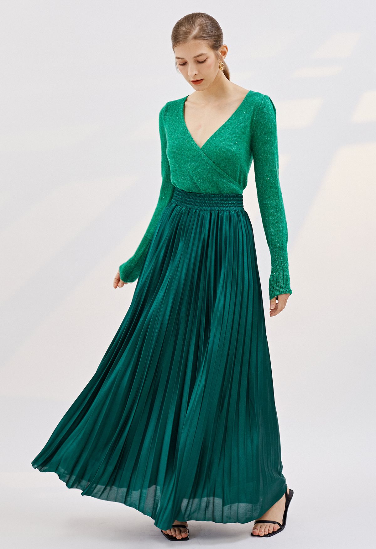 Glossy Pleated Maxi Skirt in Emerald