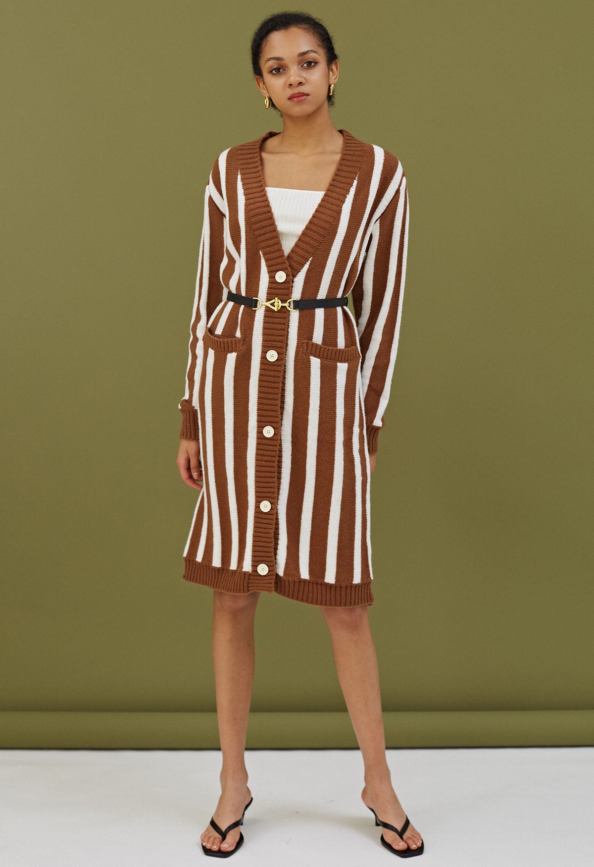 Striped Button Down Longline Cardigan in Caramel