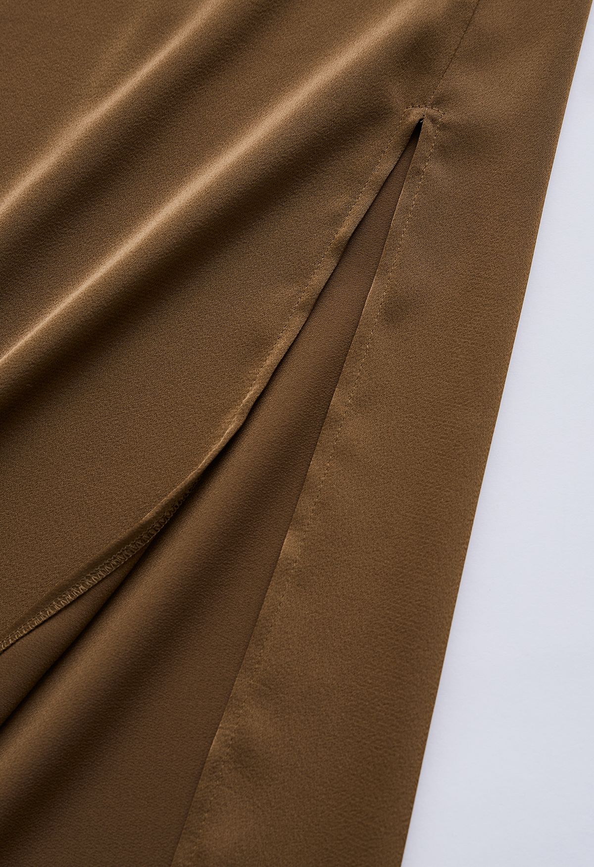 Asymmetric Hem Double Slit Satin Skirt in Brown