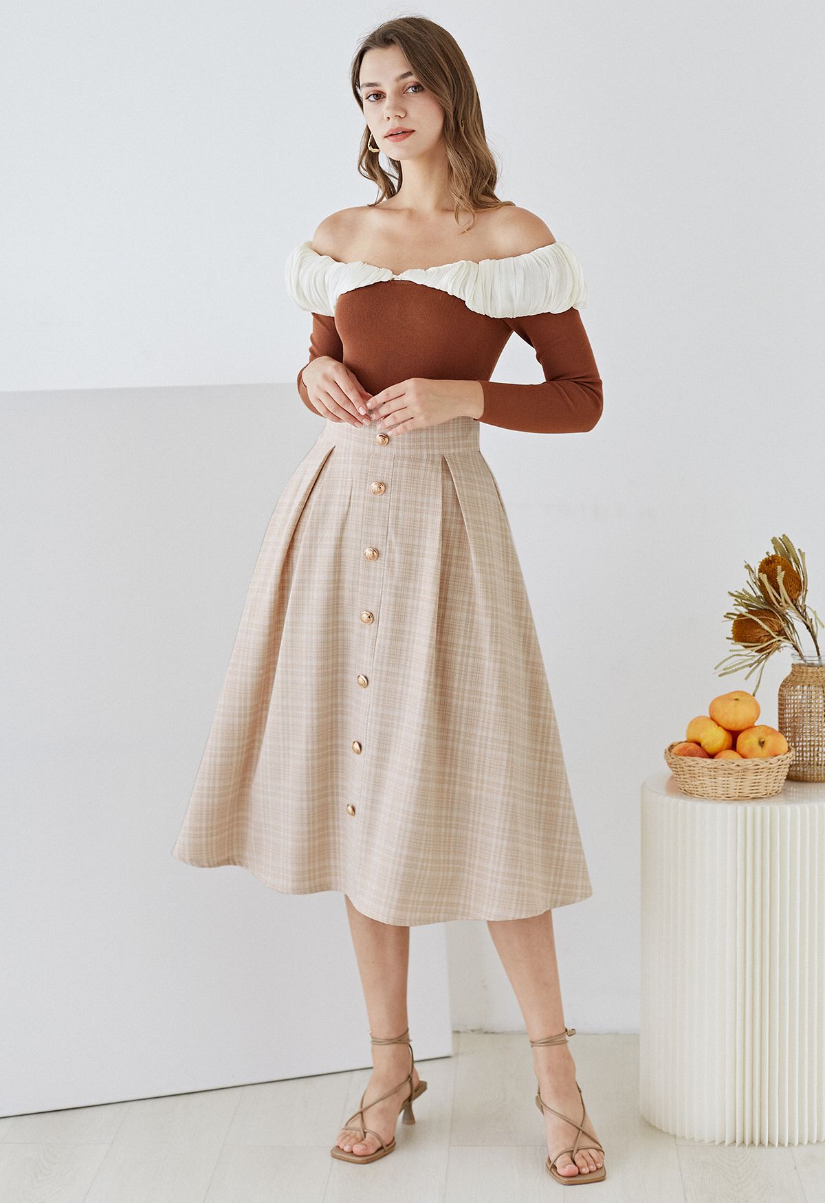 Plaid Tweed Button Trim Pleated Midi Skirt in Apricot