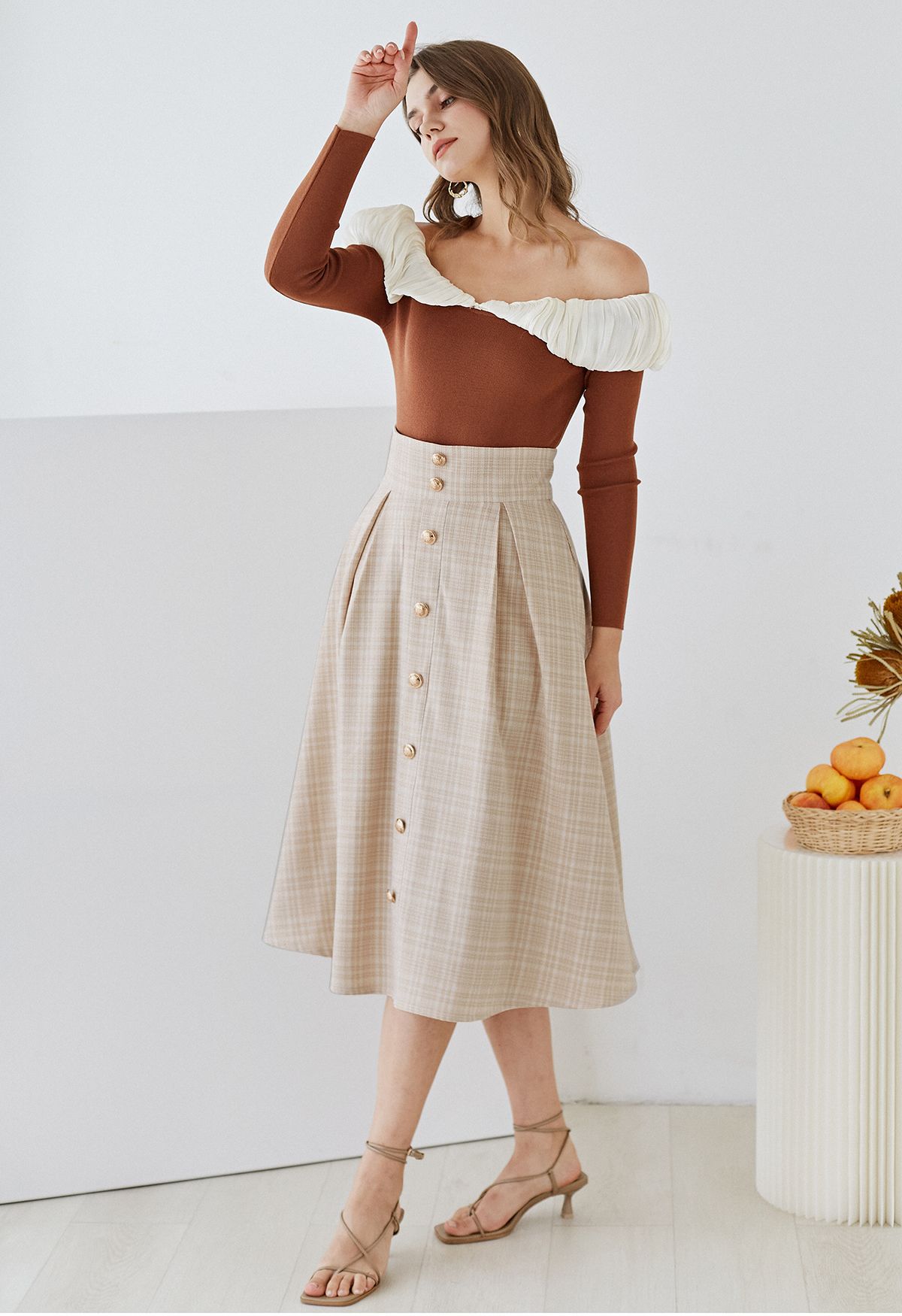 Plaid Tweed Button Trim Pleated Midi Skirt in Apricot