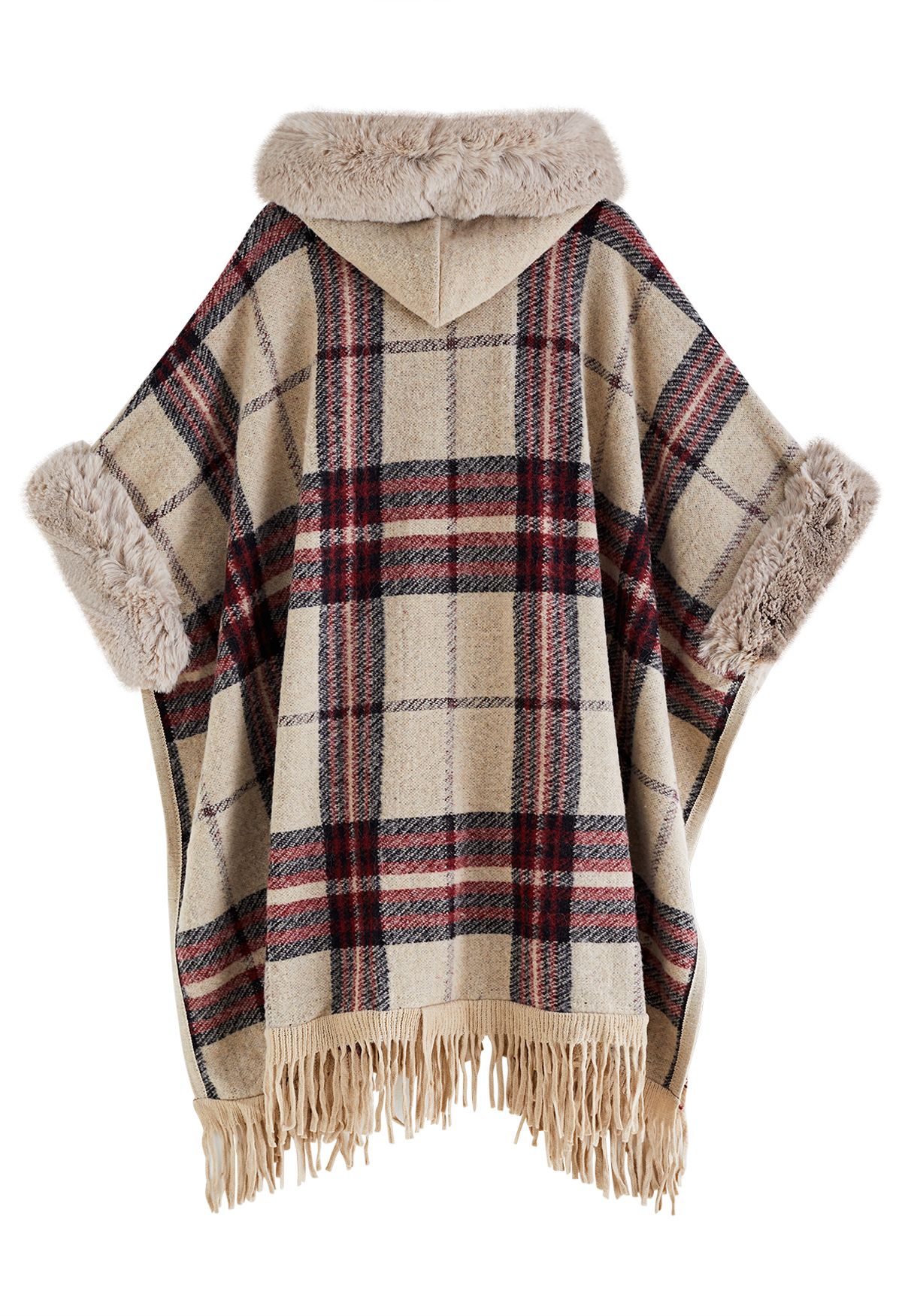 Plaid Fringe Faux Fur Hooded Poncho in Camel