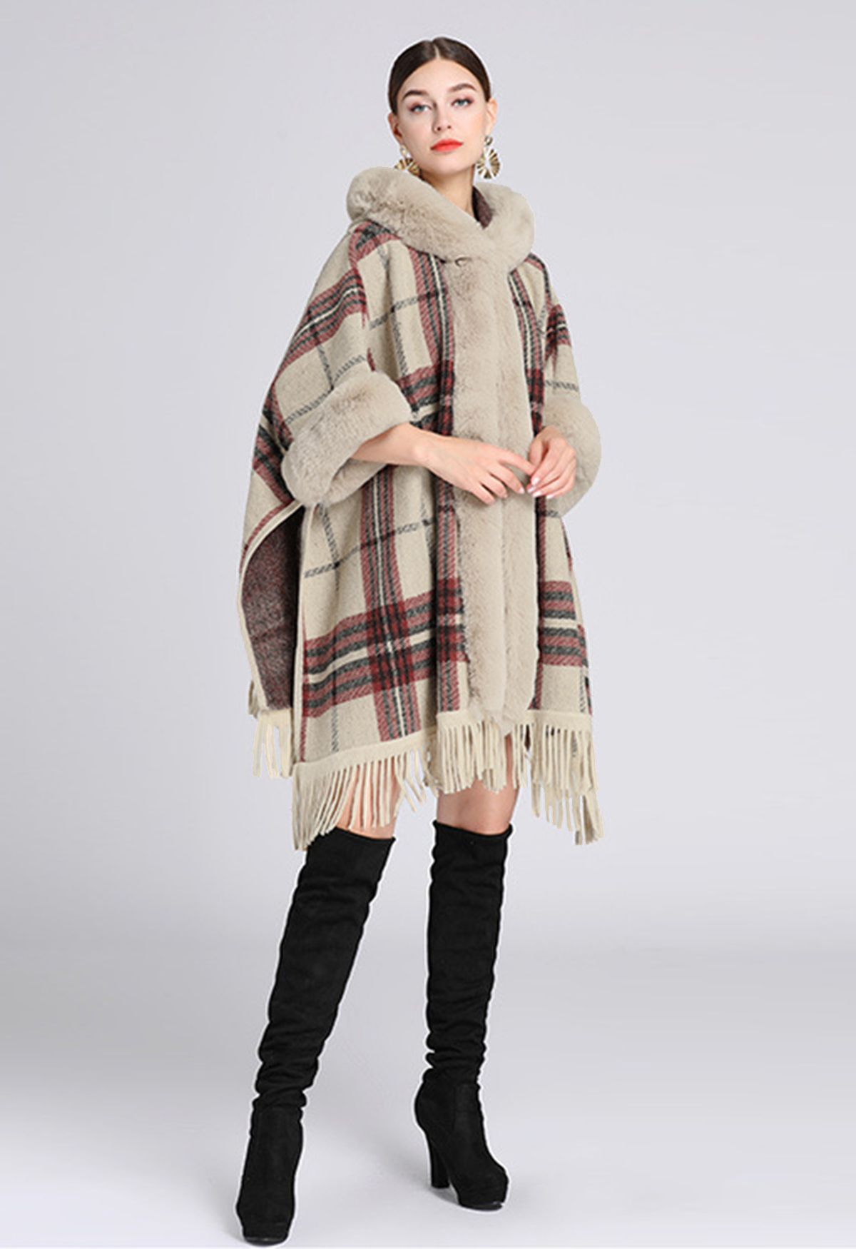 Plaid Fringe Faux Fur Hooded Poncho in Camel